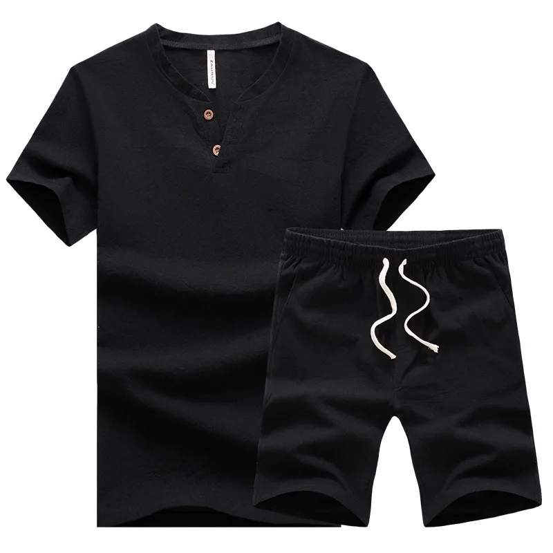 2021 Summer Fashion Sportsuit Linen Shirts Men+Shorts Set Men Short  Casual Men Sets Tracksuit Plus Size 5XL short Sleeve Shirts
