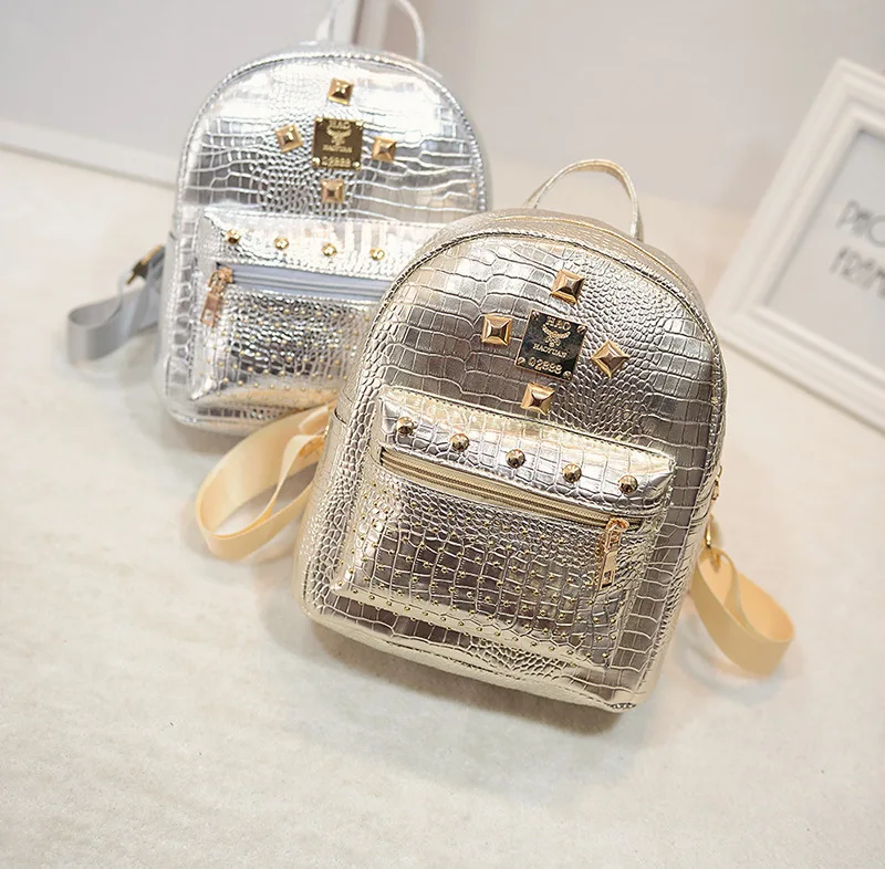 

Fashion Mini Small Double Back Cool Backpack Women's Crocodile Pattern Rivet Backpack