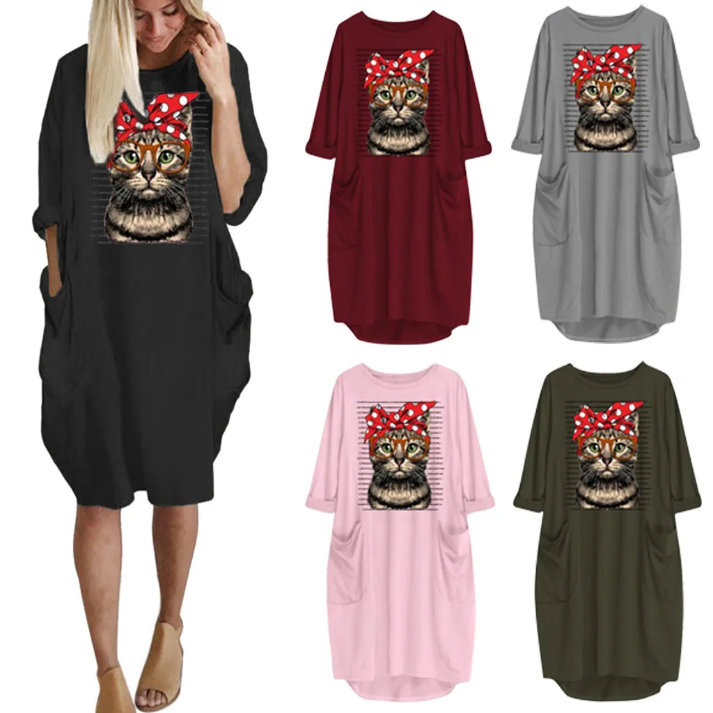 Платья для женщин; Большие размеры с О-образным вырезом и принтом «кошка» Платье женское осень в винтажном стиле, с длинным рукавом Короткое платье vestidos Robe Femme