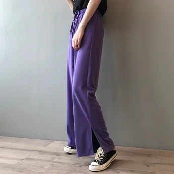 

Fashion 2020 Summer New Street Style High Waisted Wide Leg Pants Women Solid Color Side Slit Casual Loose Long Pants Trousers