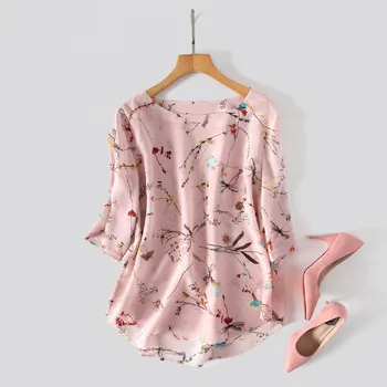

silk tops women's t-shirt crepe pink floral middle sleeve mulberry plus size 2020 spring summer high-quality mom fashion loose