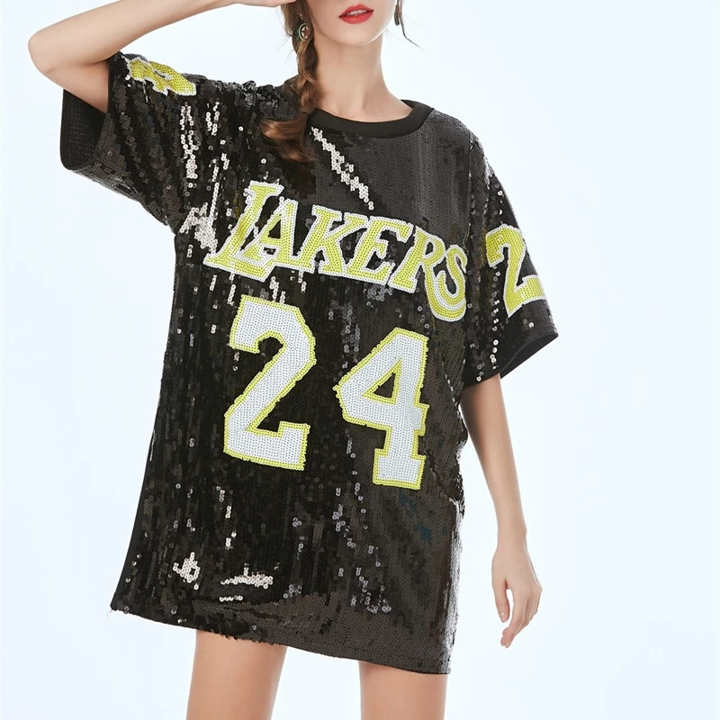 Женская Повседневная футболка большого размера с цифрой 24 и блестками, Женская Блестящая летняя футболка в стиле хип-хоп, баскетбольная футболка с блестками