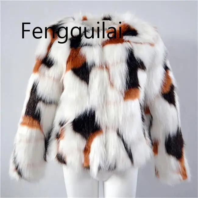 FENGGUILAI/пушистое меховое пальто для женщин; зимняя утепленная куртка с длинным рукавом и круглым вырезом; тонкая контрастная цветная верхняя одежда; куртка-парка; большие размеры