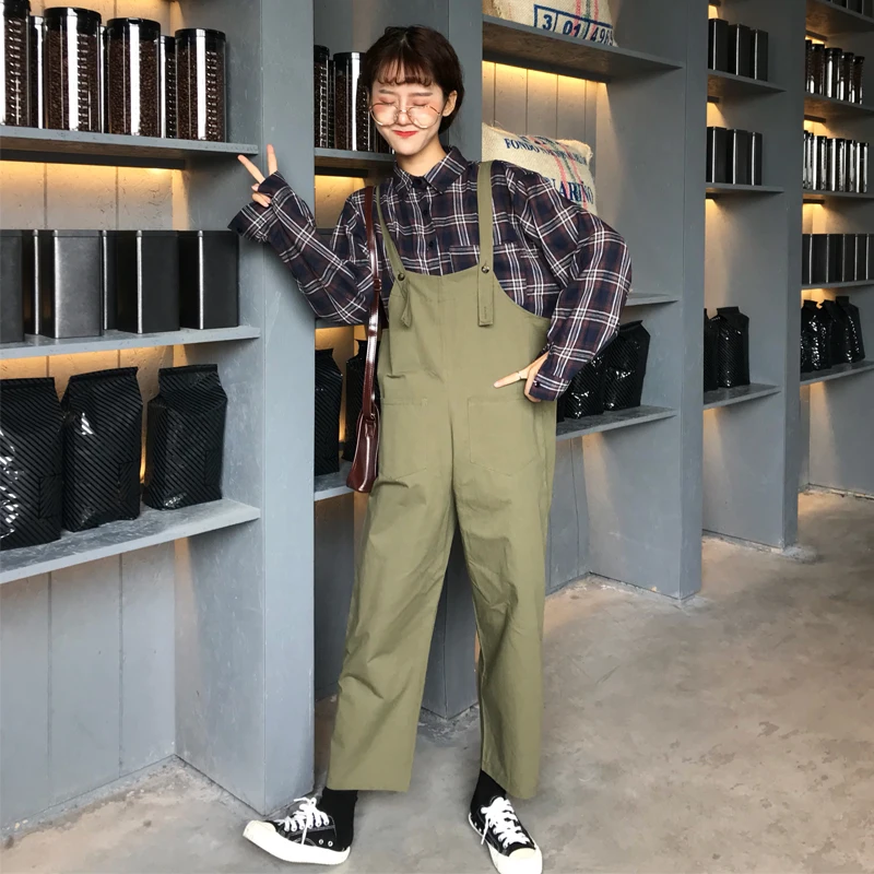 Женский комбинезон, однотонный, прямой, Harajuku, Ретро стиль, женские, s, брюки карго, BF, студенческий, простой, свободный, подходит ко всему, корейский стиль - Цвет: green