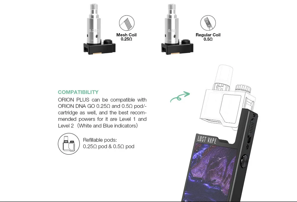 Lost Vape Orion Plus комплект 950 мАч батарея 2 мл картридж 0.25ом сетчатая катушка LostVape электронная сигарета VS Qrion DNA Go испаритель