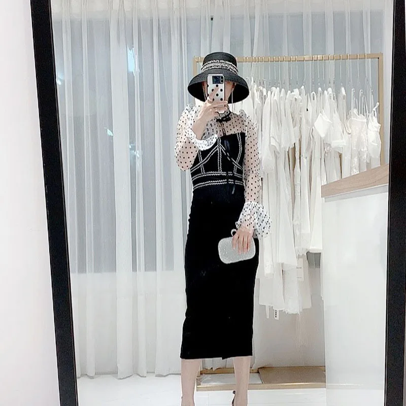 

2019 New Style Autumn Clothing Women's Stand Collar Lace-up Sexy Transparent Polka Dot Gauze Mock Two-Piece Bandeau Splicing Dre
