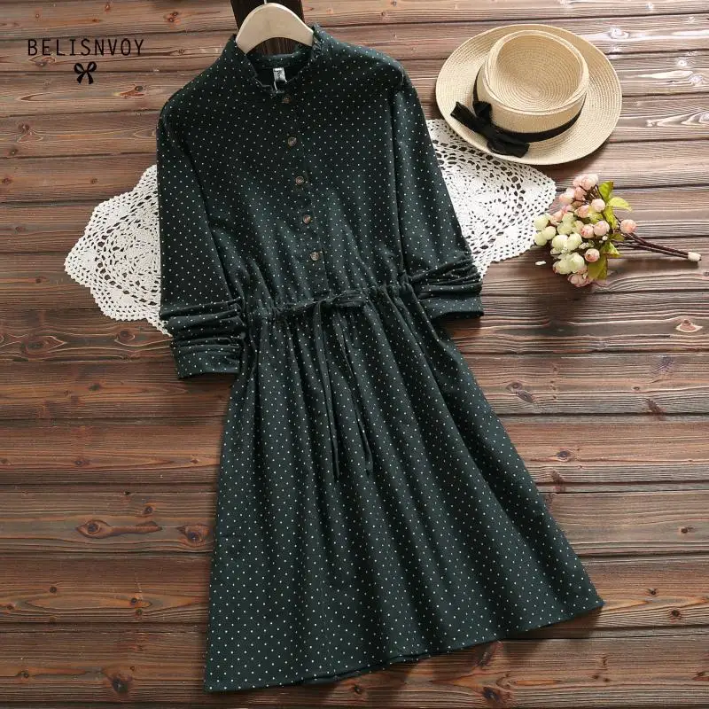 Mori Girl Spring Autumn Women Dresses Stand Collar Elbise Long Sleeve Vintage Dress Polka Dot Printed Femininos Vestidos - Цвет: Зеленый