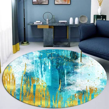 

Nordic Modern Blue Gold Oil Painting Abstract Round Carpet Living Rug Mat Simple Bedroom Room Chair Bedside Mat Anti-slip Carpet