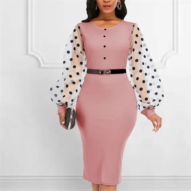 Pink O Neck Transparent Mesh Long Sleeves Polka Dot Classy Elegant Office Dress 6