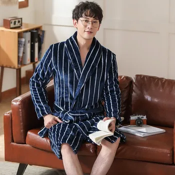 

XIFER Winter Men's Bathrobe Thickened Flannel Pajamas Gown Men's Mid-length Coral Plus Fleece Pajamas Velvet Robe Warm Bathrobe