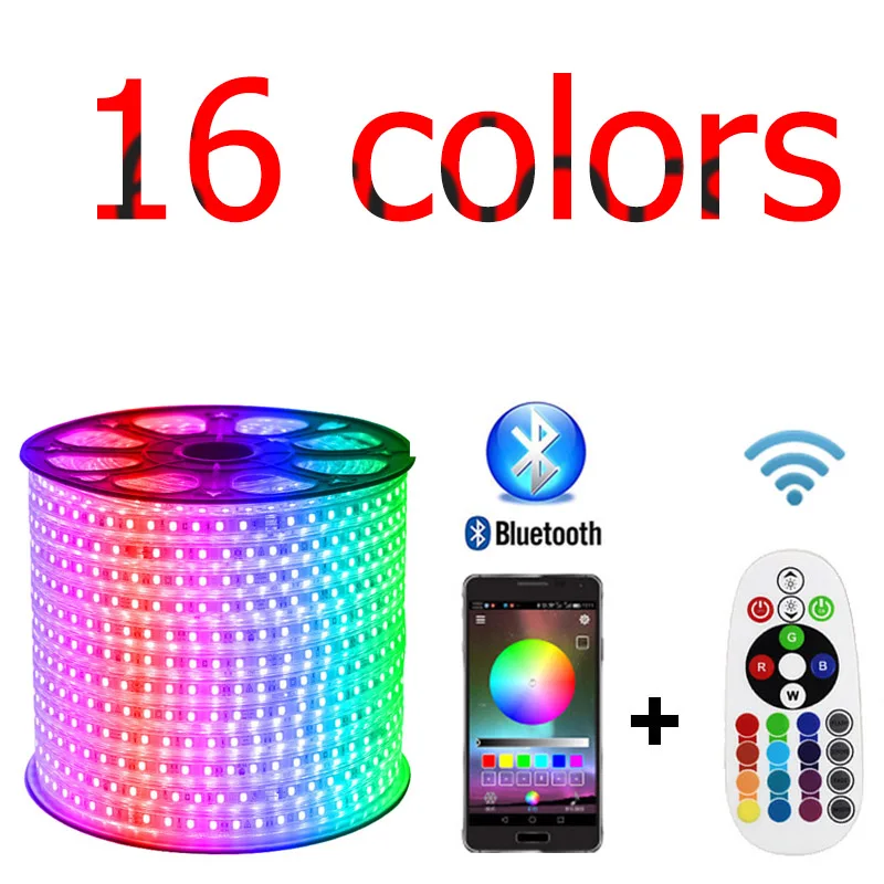 Светодиодная лента 220 В Водонепроницаемая RGB 16 цветов 5050 для улицы 10 м 20 100 с