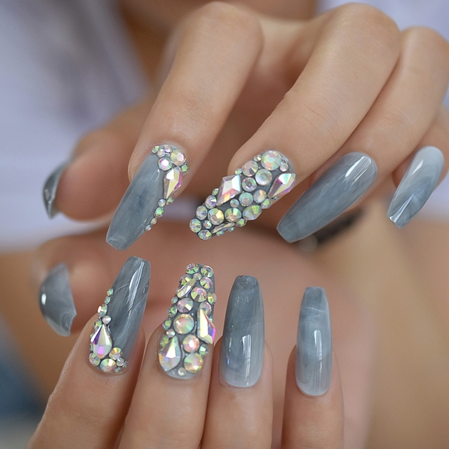 Luxury Strass Fake Nails AB Rhinestone Decorative Extra Long Ballerina White Full Cover Artificial Tips Natural 24