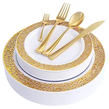 150 шт. розовое золото доступная пластмассовая столовая посуда Салатница десертные тарелки столовые приборы для свадьбы или «нулевого дня рождения» Товары для дня рождения