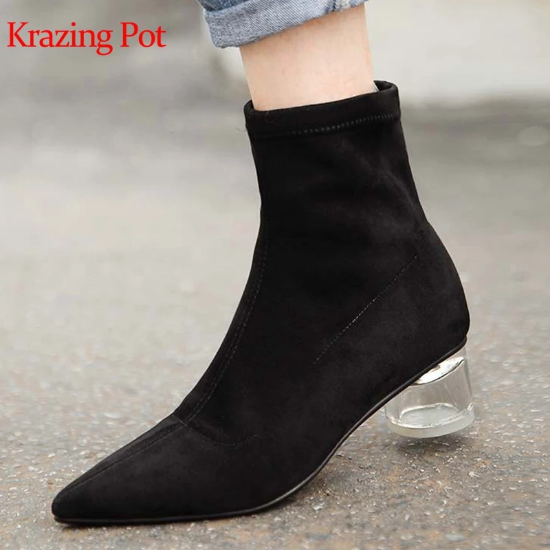 

krazing pot stretch flock material bling crystal med heel pointed toe princess sunshine lady design keep warm ankle boots l86