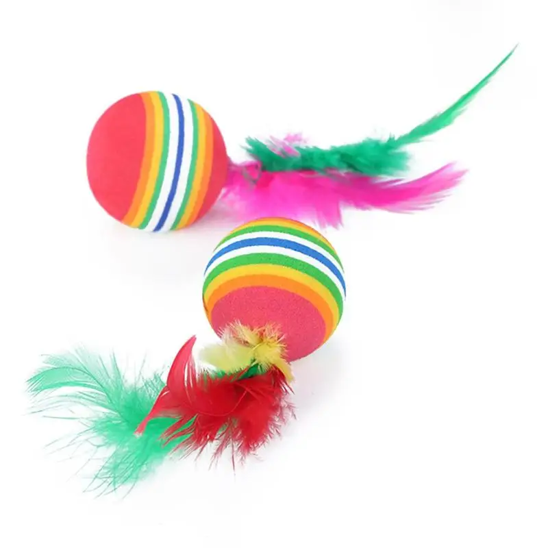 Cat Interactive Toy Funny Rainbow Toy Balls with Feather Cat Toys Play Chew Kitten  Cat Teaser Toy Pet Supplies Training Toys