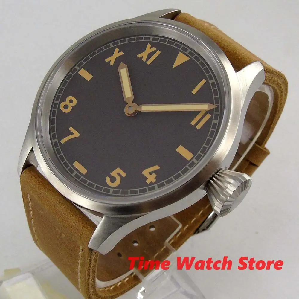 

43mm watch men leather bracelet Noble California black dial luminous sapphire glass 17 jewels mechanical hand wind 6497 pa1270