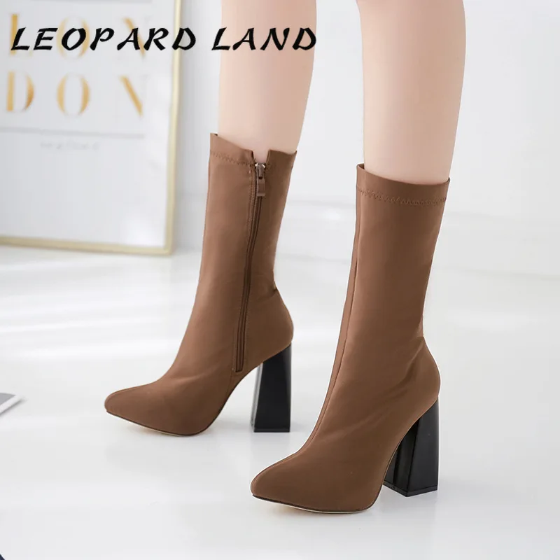 Coklat Elastis Sepatu Bot Heels Sepatu 