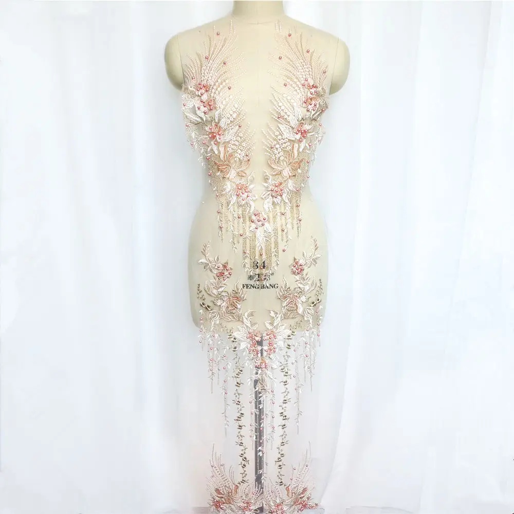 

1 Set Champagne Lace Fabric Flower Tassel Beads Rhinestone Embroidered Wedding Gown Appliques Mesh Sew Patch For Dress DIY Decor