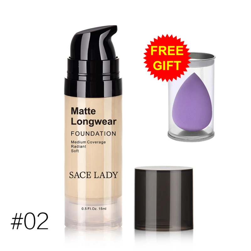 02 Foundation Puff SACE LADY 15 мл матовый тональный крем+ 1 шт. Косметическая пуховка профессиональный полный охват основа для лица макияж водонепроницаемый TSLM1 - Цвет: 02 Foundation Puff