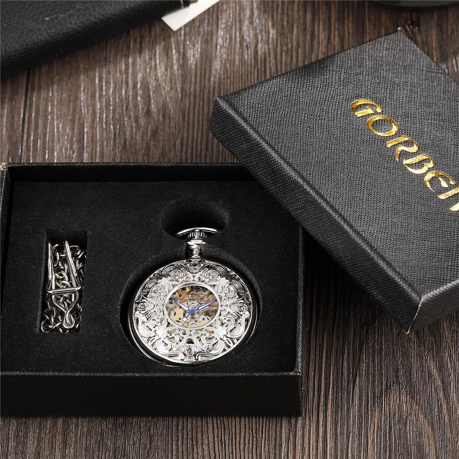 Retro Hand Wind Mechanical Pocket Watch Men Hollow Steampunk Silver Chinese Style Engraved Skeleton Fob Watch Reloj de bolsillo - Цвет: watch with box