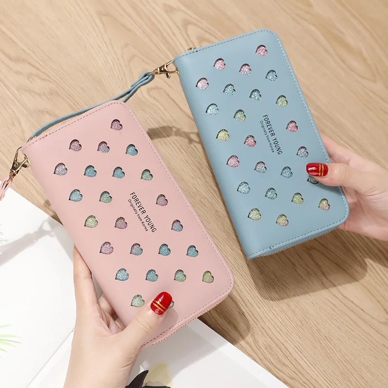 

Hollow out Women Wallets with Zipper Phone Pocket Purse Card Holder Pink Love Women Long Wallet Lady Tassel Short Coin Purse