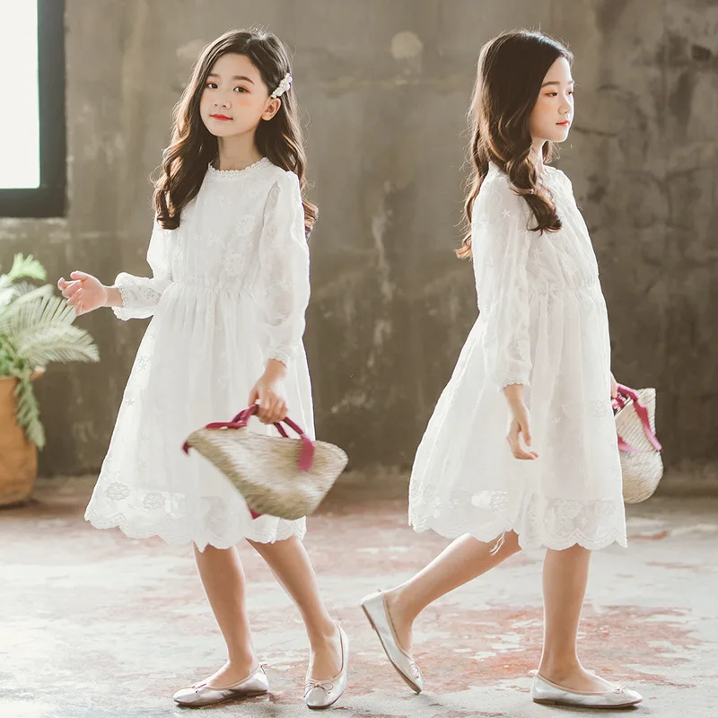 Осенние вечерние платья для девочек на свадьбу г., кружевное Белоснежное платье модное платье принцессы для девочек костюм с длинными рукавами для малышей