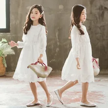 Осенние вечерние платья для девочек на свадьбу г., кружевное Белоснежное платье модное платье принцессы для девочек костюм с длинными рукавами для малышей