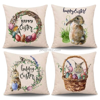 

4pcs Spring Easter Pillow Case Rabbit Bunny with Eggs Throw Cushion Cover Sofa Bed Home Decor 18x18in