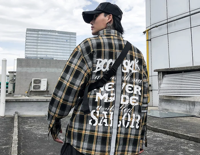 AELFRIC светоотражающие полосы с буквенным принтом Мужские рубашки Мода Harajuku уличная хип хоп Повседневная хлопковая негабаритная с длинным рукавом