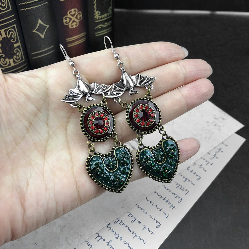 Women Origional Gothic Dark Antique Bat Upside down Multicolor Drop Oil Gem  Pattern Mix Ear Dangle Hook Earrings