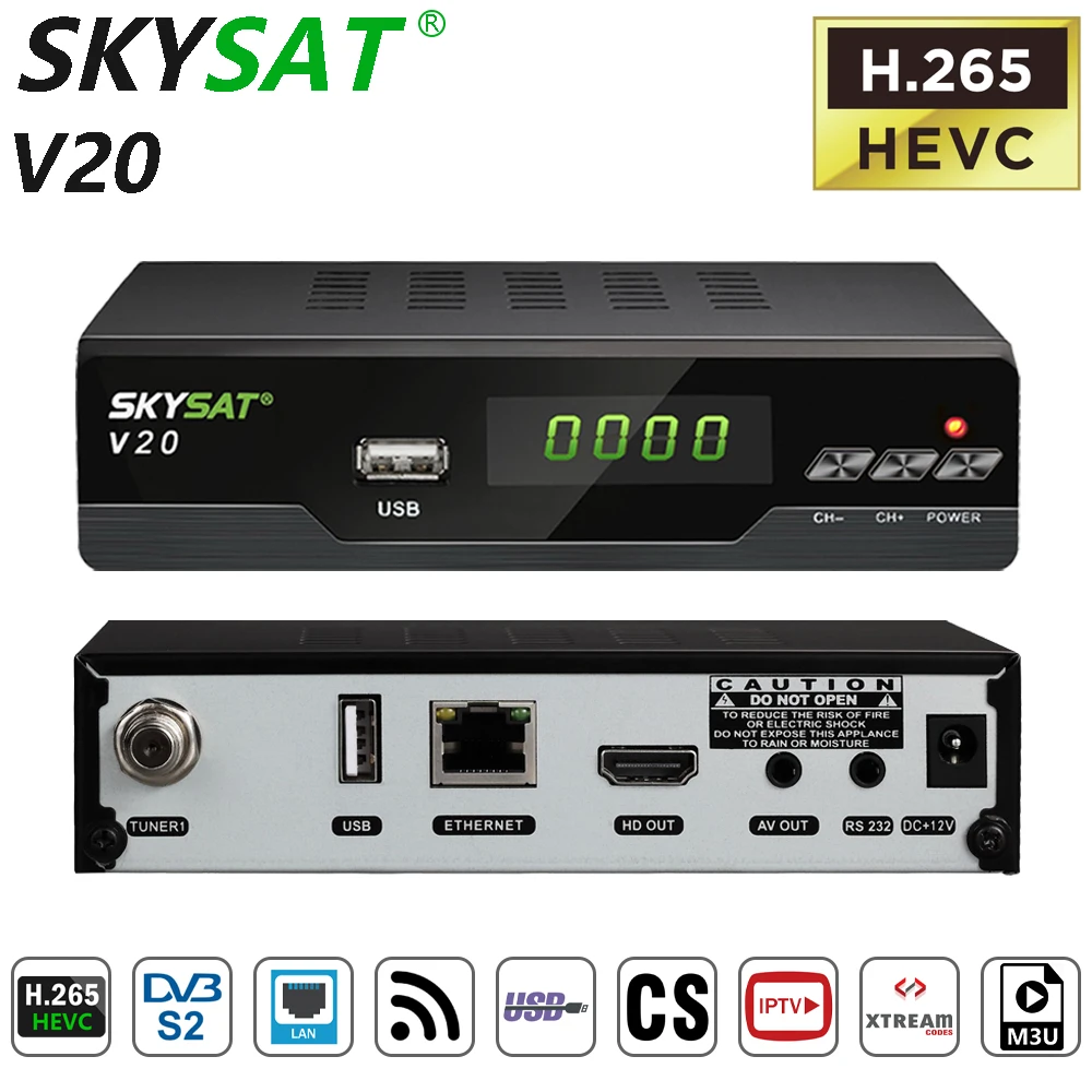Спутниковый ТВ приемник SKYSAT V20 HEVC H.265 DVB S2 поддержка CS Cline Newcamd RJ45 WiFi Powervu Biss M3U TV