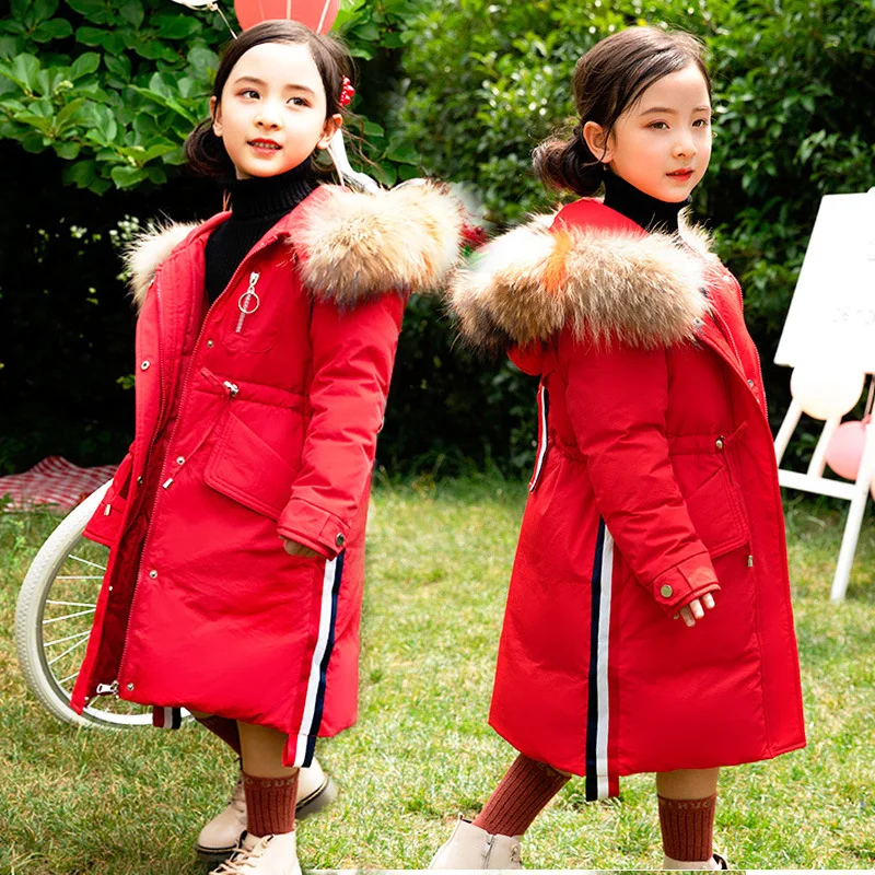 

Children's down jacket 2019 new girls medium length plus thick big hair collar casual winter warm down jacket