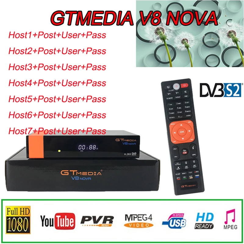 

TV satellite decoder GTMEDIA V8 NOVA DVB-S2 H.265 1080P 12V/1.5A USB2.0 support Youtube freesat v8 nove tv box with Spain cccam