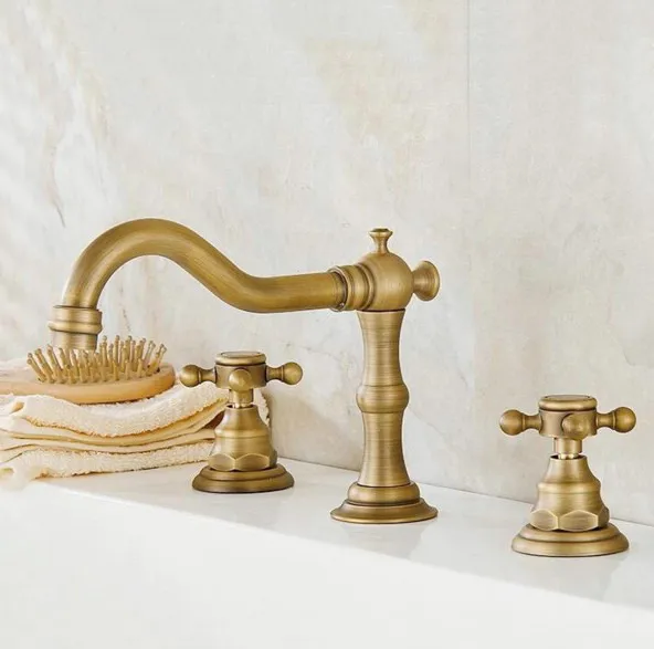 

Antique Brass Widespread Deck-Mounted Tub 3 Holes Dual Cross Handles Kitchen Bathroom Tub Sink Basin Faucet Mixer Tap mnf023