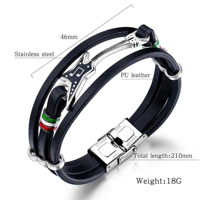 

Stainless Steel Guitar Bracelets Fashion Logo Leather Bracelet for Men Rope Bangle Music Fans Gift Dropshipping