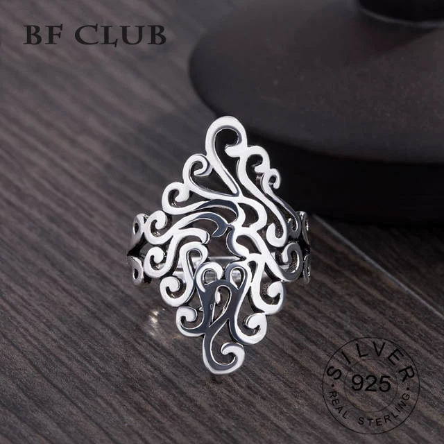 Bijoux 925 Sterling Silver Large Flower Rings for Women Gift Ladies Adjustable Size Antique Ring Joyas De Plata Anillos | Украшения и