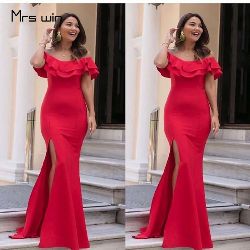 Mrs win платья подружек невесты с открытыми плечами и оборками элегантное Русалка Vestido Madrinha размера плюс раскол красное свадебное платье для гостей HR315