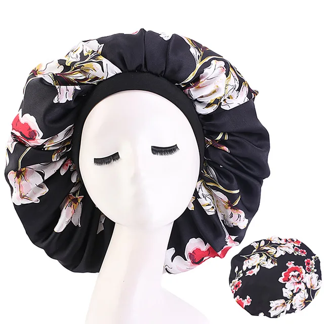 New Women Big Size Beauty print Satin Silky Bonnet Sleep Night Cap Head Cover Bonnet Hat for For Curly Springy Hair Black 408B Black Flower