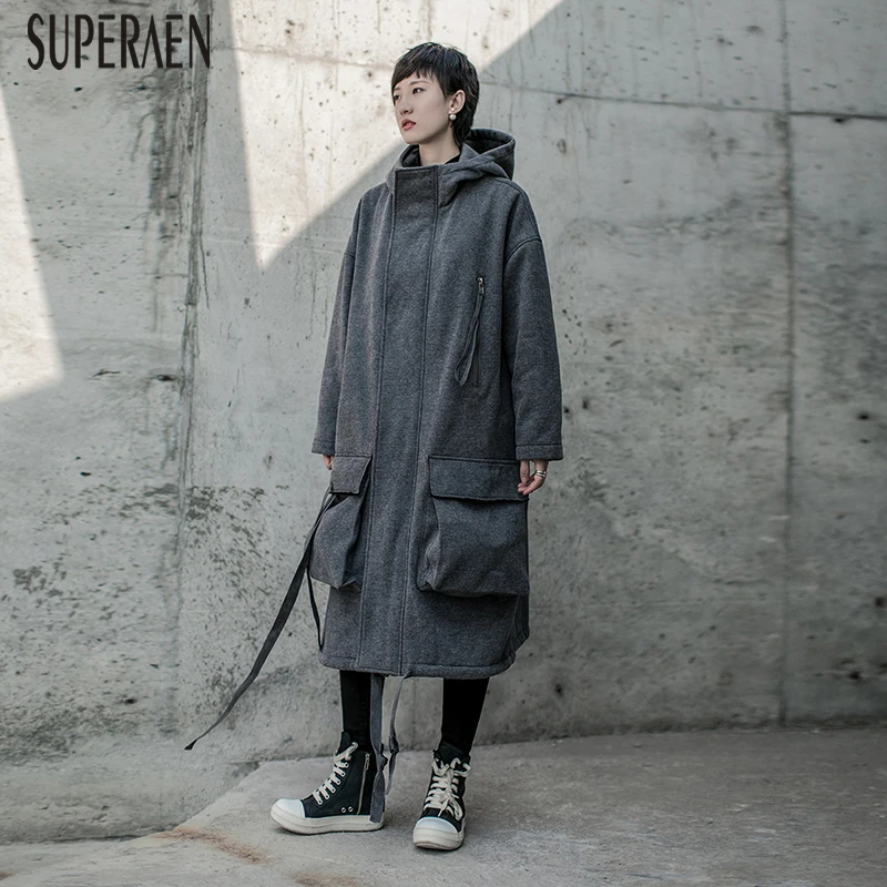 SuperAen, толстая Длинная толстовка, модные женские толстовки, новинка зимы, дикие Хлопковые женские толстовки с капюшоном, женская одежда