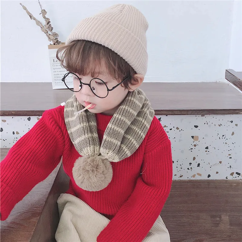 Khaki Beige Трикотажные зимние тёплые шарфы для мальчиков и девочек, вязаный шейный платок с помпоном, шарф для детей, аксессуар для шеи - Цвет: Khaki Beige