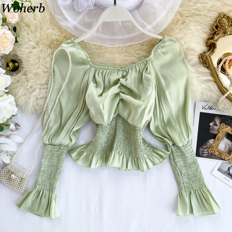 Woherb, винтажные, модные, одноцветные, с вырезом лодочкой, Длинные рубашки с буфами на рукавах, для женщин, тонкая талия, плиссированные, Короткие топы, корейская мода, новинка 91189