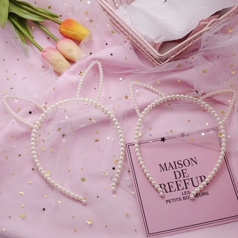 

1 PC Cat Ear Headband Kawaii Korean Imitation Pearl Rabbit Cat Ear Hair Band For Women Hair Hoop Sweet Hair Accessories