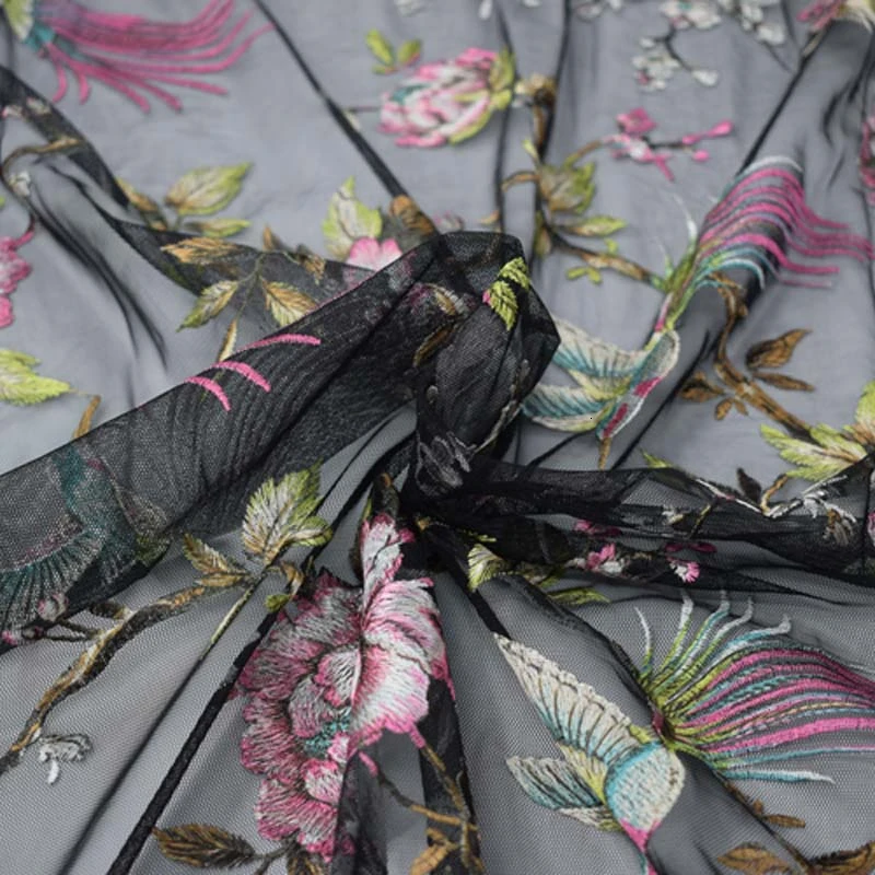 Black bottom birds mesh embroidery lace fabric for dress bazin riche getzner tissu telas por metro 4
