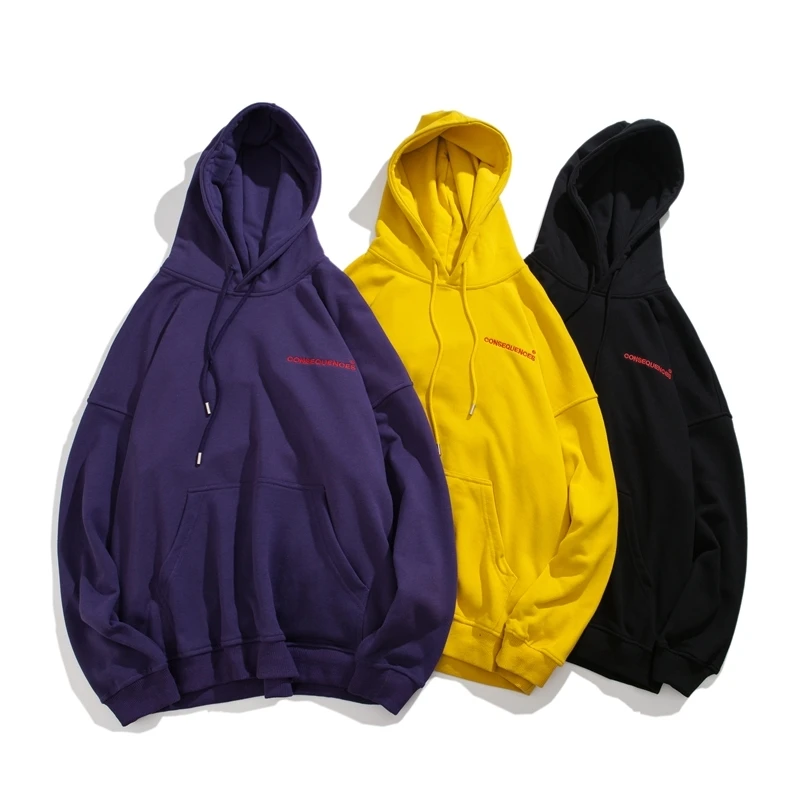 

2019 Autumn And Winter Men's New Casual Solid Color Pocket Letter Printing Hooded Hoodies Loose Temperament Cotton Polyester