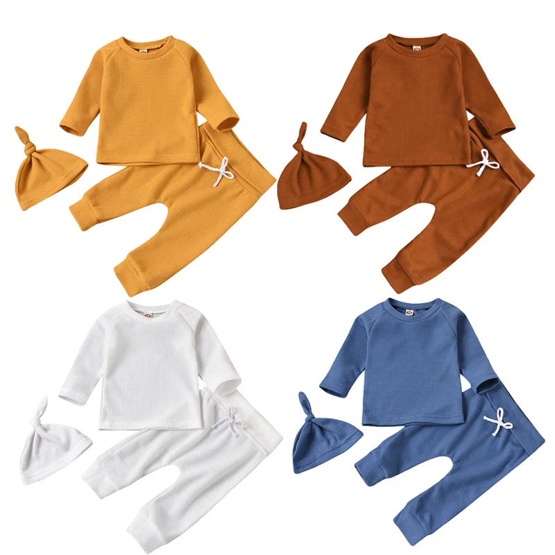 FOCUSNORM Newborn Baby Girls Boys Sleepwear Sets 3pcs Solid Pullover Long Sleeve Tops Pants Hats Causal Autumn Homewear 0-24M