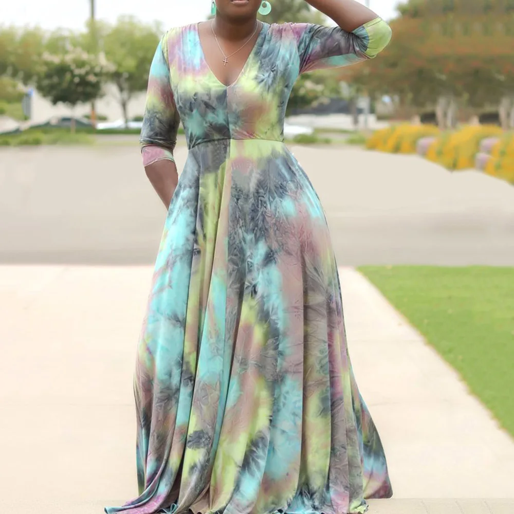 

Vintage Plus Size 5XL Print Dress African Women Sexy V-Neck Autumn Summer лае A-Line Party Long Robe Femme Office Dress