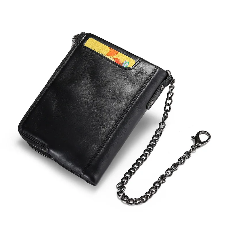 RFID Противоугонный кошелек с цепочкой из воловьей кожи с зажимом для денег, роскошная женская и мужская сумка, кошелек с держателем, Ретро сумка на молнии, красный и черный цвета
