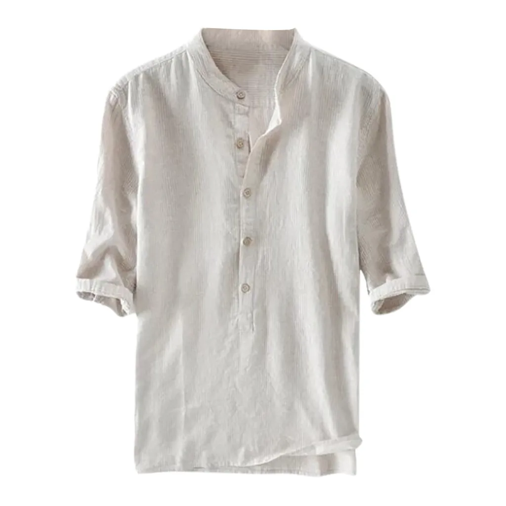 

Big Size Shirts For Men Home Pure Color Button Linen Solid Half Sleeve Retro Shirts Tops Plus Size Blouse Chemise Homme
