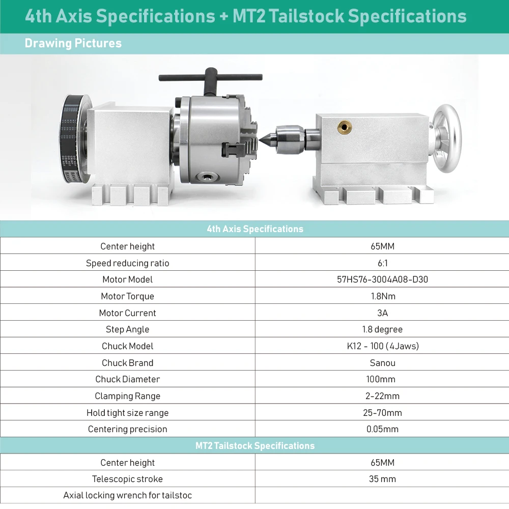 EU 선박 4 축 로터리 Nema23 스테퍼 모터 비율 (6:1), K12-100mm 4 턱 척, mt2 테일스톡, DM542 드라이버, 전원 공급 장치