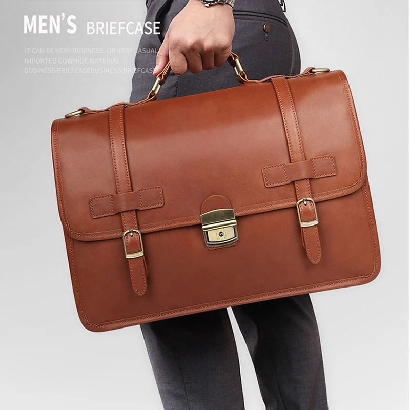Men Genuine Leather briefcase with dial lock 14 inch laptop Business